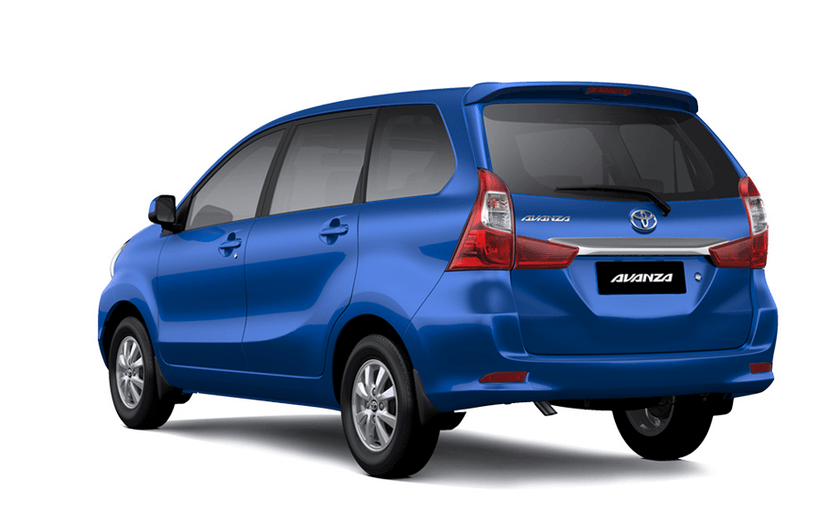 Gambar ini menunjukkan Mobil Toyota Avanza warna biru tampak belakang dan samping kiri